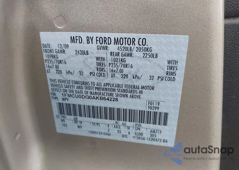 2010 Ford Escape Xlt из США, поврежденный, VIN 1FMCU0DG0AKB64228